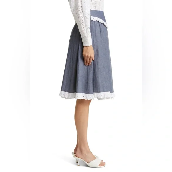 NWOT Batsheva Shirley Broderie Anglaise Cotton Eyelet Lace Chambray Peplum Skirt - Picture 16 of 17